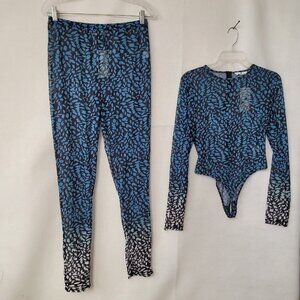 Shane Justin Runway Bodysuit Pant Set Womens‎ XL Sheer Blue Black Animal Print